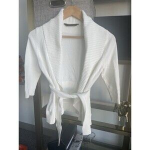 BCBG Maxazria White Cotton Belted 3/4 Sleeve open front cardigan sweater Size S